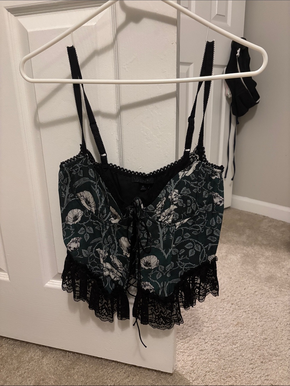 Floral Lace Trim Cami Top in Dark Teal and Black